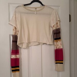Free People Cream Crop Top with Multicolored Thermal Sleeves. Comfy!